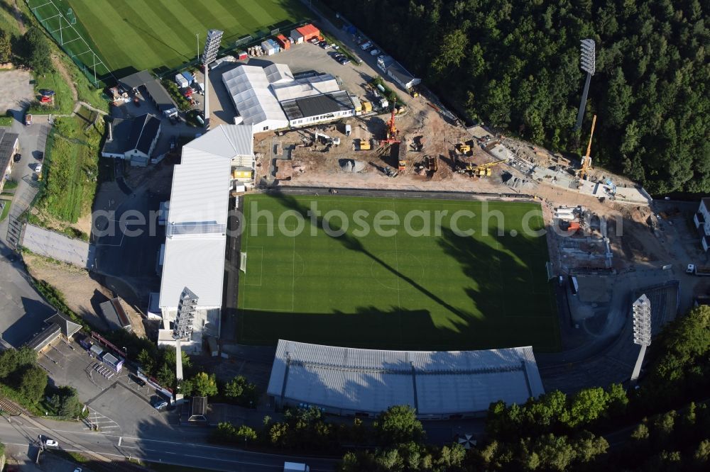 Aerial image Aue - Construction for the reconstruction of the Sparkassen-Erzgebirgsstadium of the FC Aue at the Auer Strasse in Aue in the state Saxony. building owner is the Erzgebirgskreis. The working group Stadium Aue includes ASSMANN BERATEN + PLANEN GmbH, Buero bpp, Inros Lackner and Phase 10