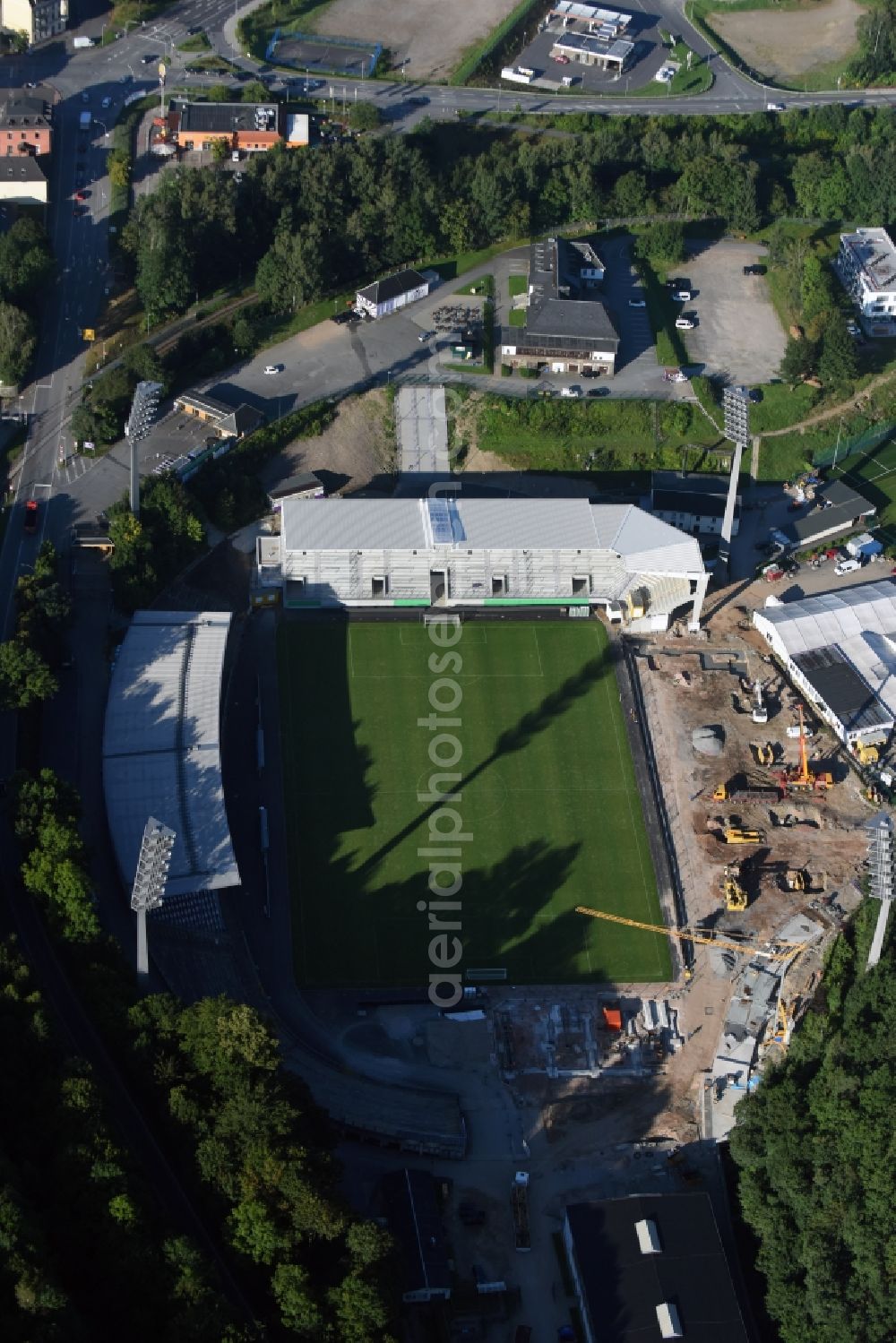 Aerial image Aue - Construction for the reconstruction of the Sparkassen-Erzgebirgsstadium of the FC Aue at the Auer Strasse in Aue in the state Saxony. building owner is the Erzgebirgskreis. The working group Stadium Aue includes ASSMANN BERATEN + PLANEN GmbH, Buero bpp, Inros Lackner and Phase 10