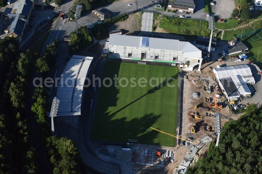 Aerial photograph Aue - Construction for the reconstruction of the Sparkassen-Erzgebirgsstadium of the FC Aue at the Auer Strasse in Aue in the state Saxony. building owner is the Erzgebirgskreis. The working group Stadium Aue includes ASSMANN BERATEN + PLANEN GmbH, Buero bpp, Inros Lackner and Phase 10