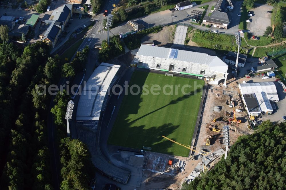 Aue from above - Construction for the reconstruction of the Sparkassen-Erzgebirgsstadium of the FC Aue at the Auer Strasse in Aue in the state Saxony. building owner is the Erzgebirgskreis. The working group Stadium Aue includes ASSMANN BERATEN + PLANEN GmbH, Buero bpp, Inros Lackner and Phase 10