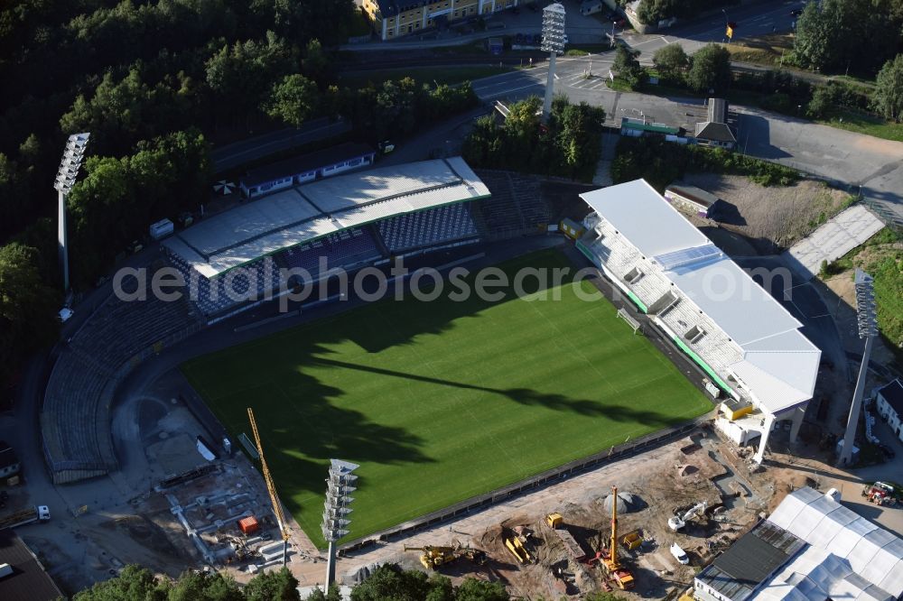 Aerial image Aue - Construction for the reconstruction of the Sparkassen-Erzgebirgsstadium of the FC Aue at the Auer Strasse in Aue in the state Saxony. building owner is the Erzgebirgskreis. The working group Stadium Aue includes ASSMANN BERATEN + PLANEN GmbH, Buero bpp, Inros Lackner and Phase 10