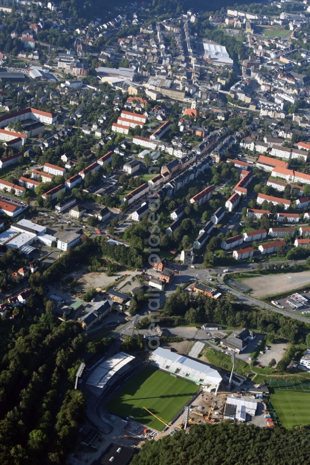 Aerial image Aue - Construction for the reconstruction of the Sparkassen-Erzgebirgsstadium of the FC Aue at the Auer Strasse in Aue in the state Saxony. building owner is the Erzgebirgskreis. The working group Stadium Aue includes ASSMANN BERATEN + PLANEN GmbH, Buero bpp, Inros Lackner and Phase 10