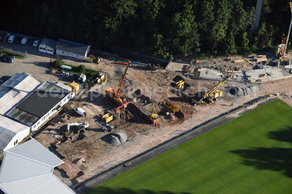 Aue from above - Construction for the reconstruction of the Sparkassen-Erzgebirgsstadium of the FC Aue at the Auer Strasse in Aue in the state Saxony. building owner is the Erzgebirgskreis. The working group Stadium Aue includes ASSMANN BERATEN + PLANEN GmbH, Buero bpp, Inros Lackner and Phase 10