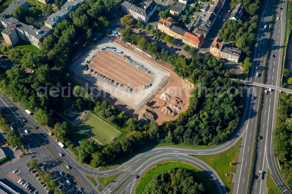 Herne from above - Construction for the reconstruction of Sportplatz Emscherstrasse in Herne in the state North Rhine-Westphalia