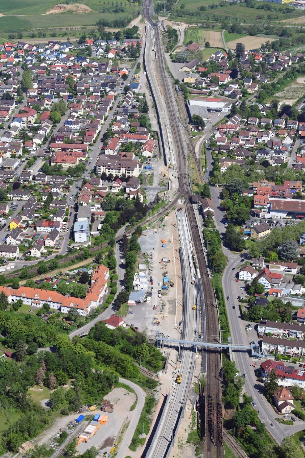 Weil am Rhein from the bird's eye view: New construction and renovation of the train tracks in the district Haltingen in Weil am Rhein in the state Baden-Wurttemberg, Germany