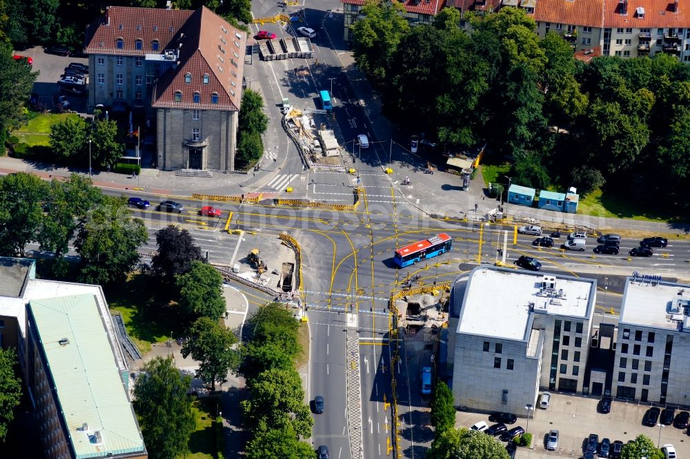 Göttingen from the bird's eye view: Construction site for the renewal and rehabilitation of the road Berliner Strasse in Goettingen in the state Lower Saxony, Germany