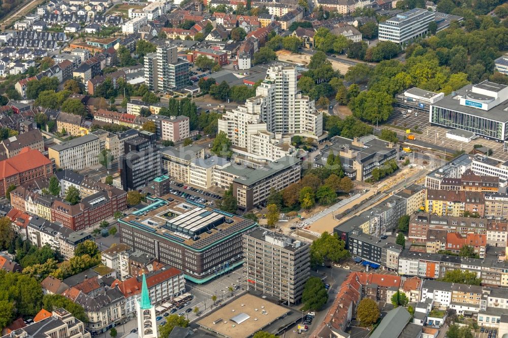 Gelsenkirchen from the bird's eye view: Construction site for the renewal and rehabilitation of the road of Ebertstrasse in Gelsenkirchen in the state North Rhine-Westphalia, Germany