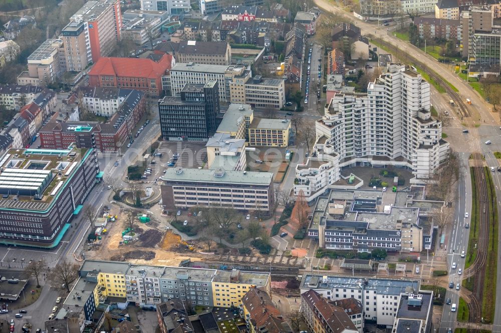 Gelsenkirchen from the bird's eye view: Construction site for the renewal and rehabilitation of the road of Ebertstrasse in Gelsenkirchen in the state North Rhine-Westphalia, Germany