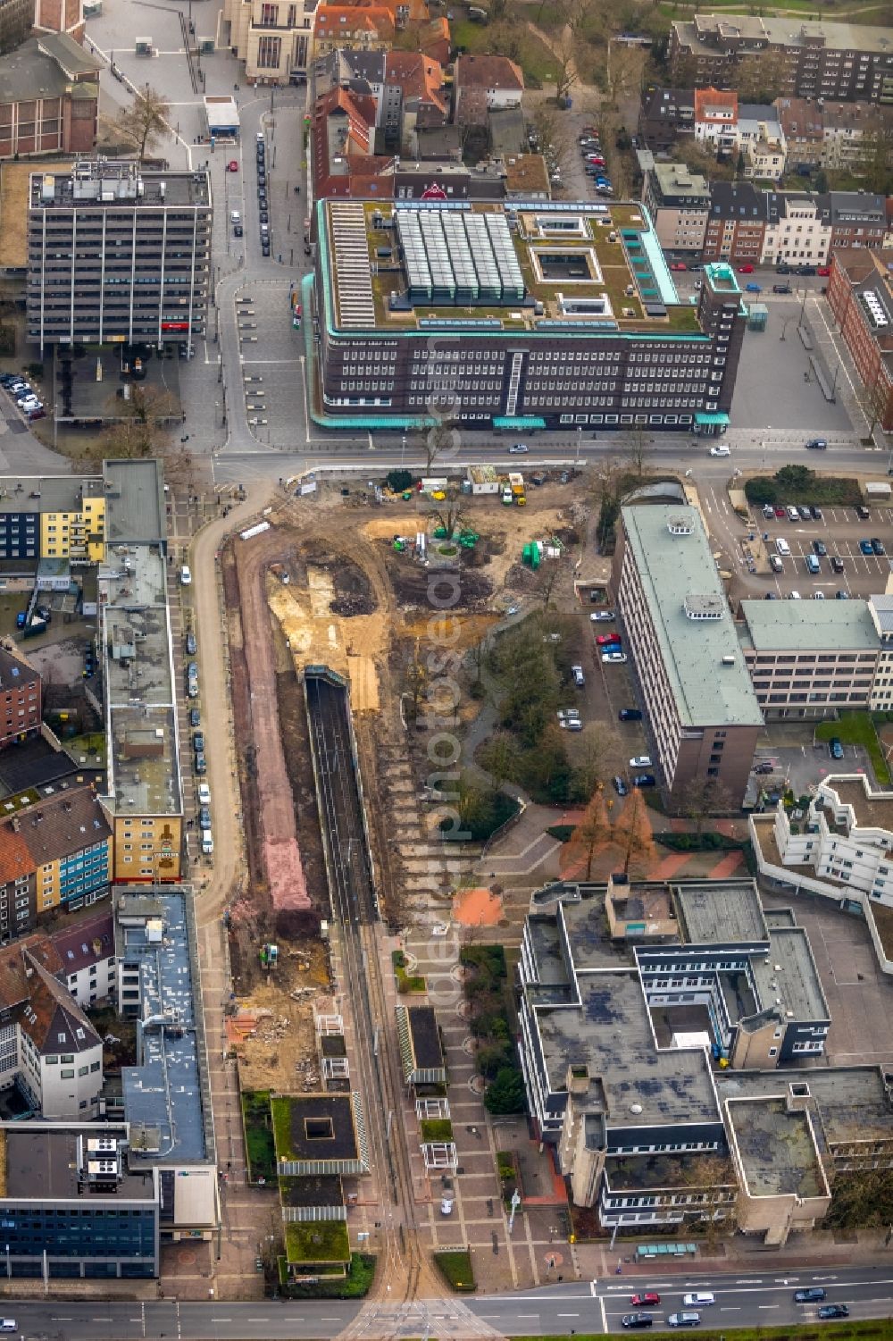 Aerial image Gelsenkirchen - Construction site for the renewal and rehabilitation of the road of Ebertstrasse in Gelsenkirchen in the state North Rhine-Westphalia, Germany