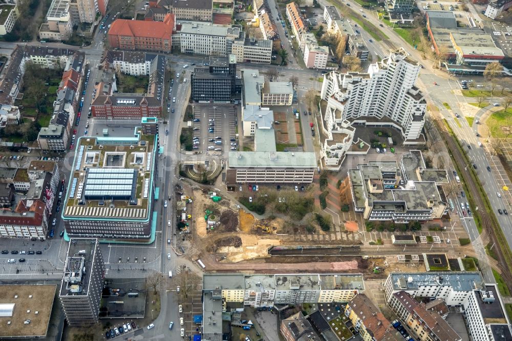 Gelsenkirchen from above - Construction site for the renewal and rehabilitation of the road of Ebertstrasse in Gelsenkirchen in the state North Rhine-Westphalia, Germany