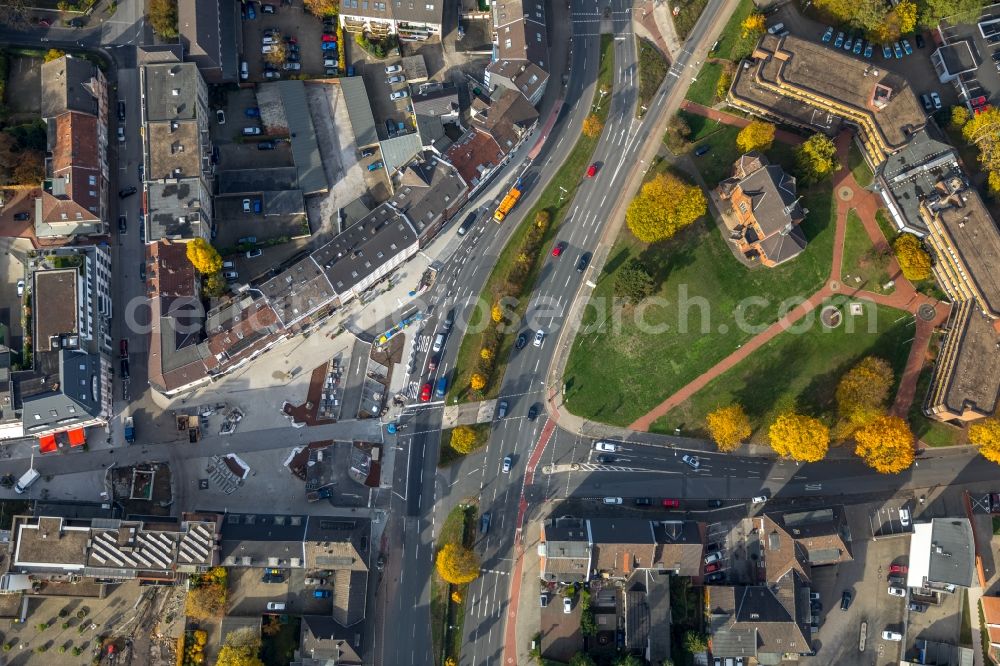 Bottrop from above - Construction site for the renewal and rehabilitation of the road of Fussgaengerzone of Gladbecker Strasse in Bottrop in the state North Rhine-Westphalia, Germany