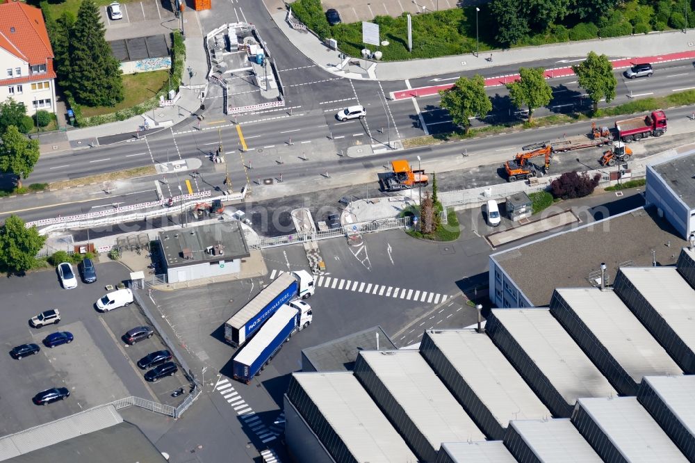 Göttingen from above - Construction site for the renewal and rehabilitation of the road Hannoversche Strasse in Goettingen in the state Lower Saxony, Germany