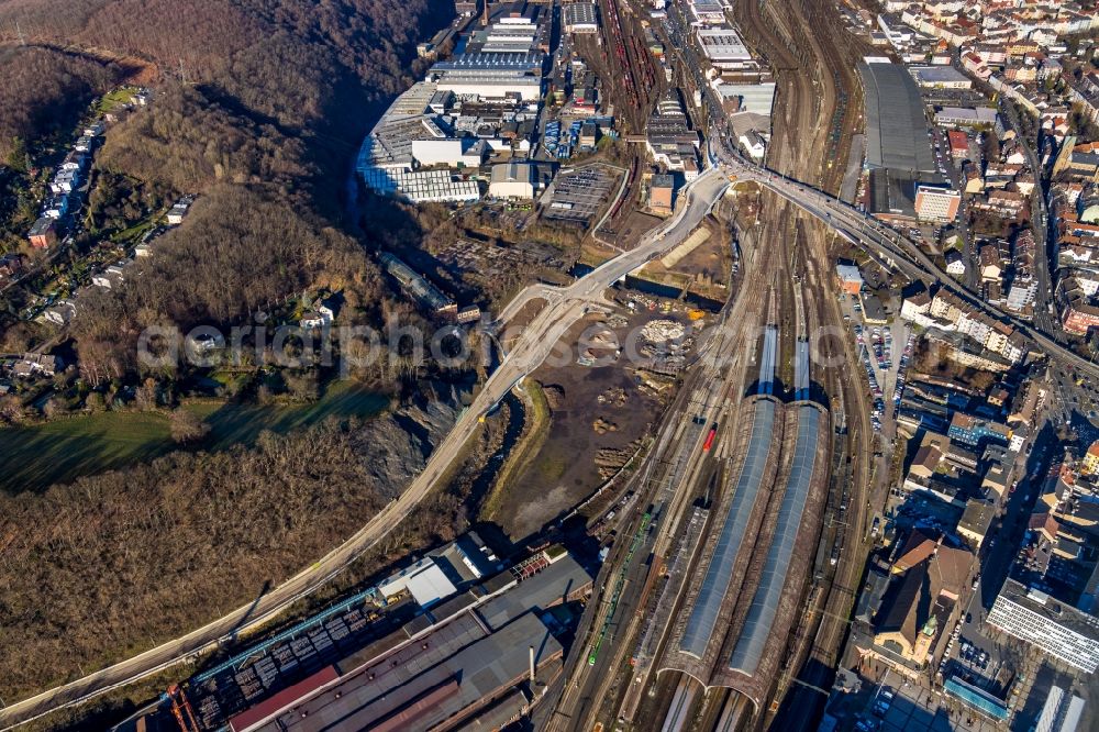 Hagen from above - Construction site for the renewal and rehabilitation of the road at the Central Station in Hagen in the state North Rhine-Westphalia, Germany