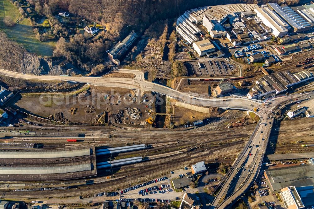 Hagen from the bird's eye view: Construction site for the renewal and rehabilitation of the road at the Central Station in Hagen in the state North Rhine-Westphalia, Germany