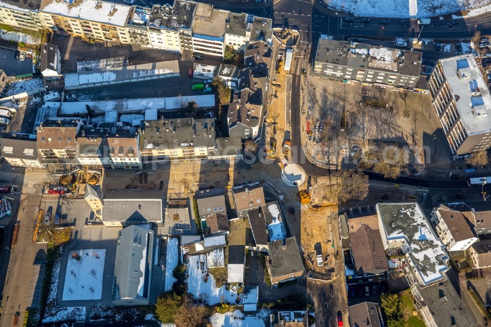 Heiligenhaus from above - Construction site for the renewal and rehabilitation of the road of the Kettwiger Strasse, Mittelstrasse and Hauptstrasse on Kirchplatz in Heiligenhaus in the state North Rhine-Westphalia, Germany