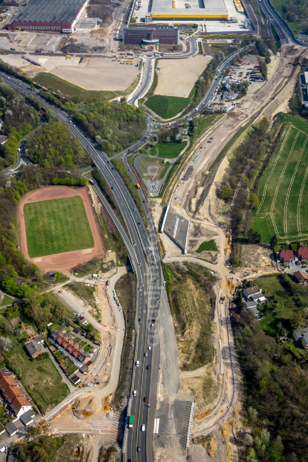 Bochum from the bird's eye view: Construction site for the renewal and rehabilitation of the road of Nordhaussen-Ring in Bochum in the state North Rhine-Westphalia, Germany