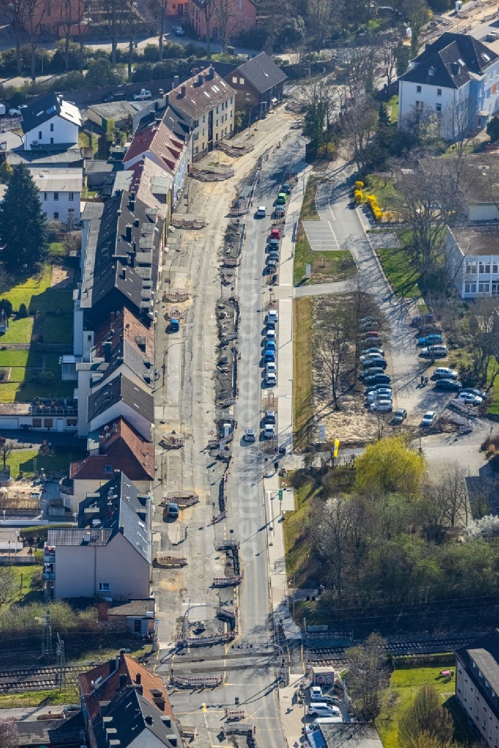 Witten from the bird's eye view: Construction site for the renewal and rehabilitation of the road Pferdebachstrasse in Witten at Ruhrgebiet in the state North Rhine-Westphalia, Germany