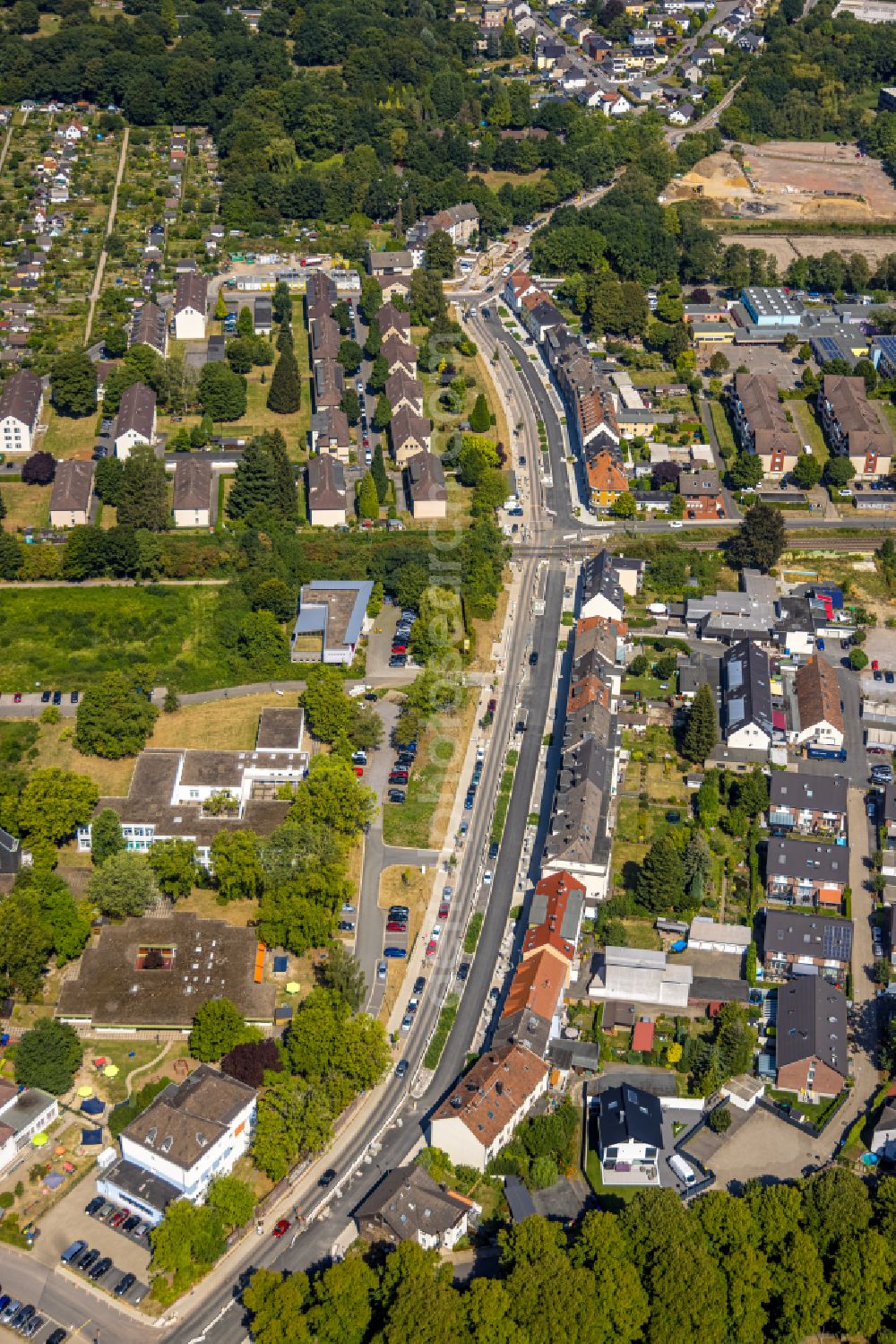 Witten from the bird's eye view: Construction site for the renewal and rehabilitation of the road Pferdebachstrasse in Witten at Ruhrgebiet in the state North Rhine-Westphalia, Germany