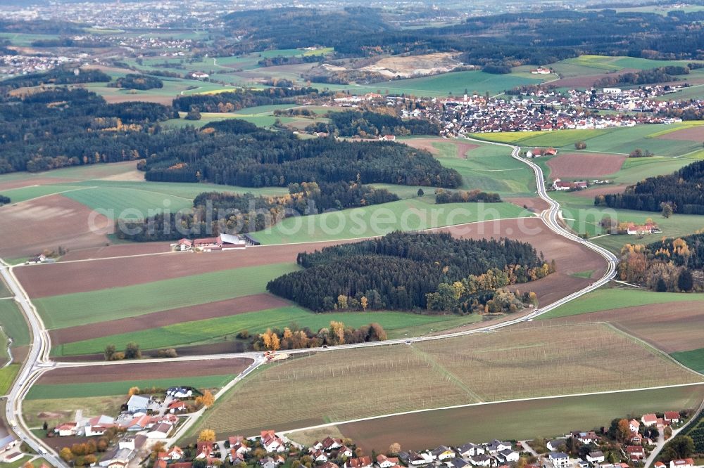 Aerial photograph Weihmichl - Construction site for renewal and rehabilitation (full rehabilitation) of the road LA23 between the suburb Unterneuhausen and Furth near Landshut in the federal state of Bavaria, Germany. The confluence with the federal highway B299 was relocated before the beginning of the town