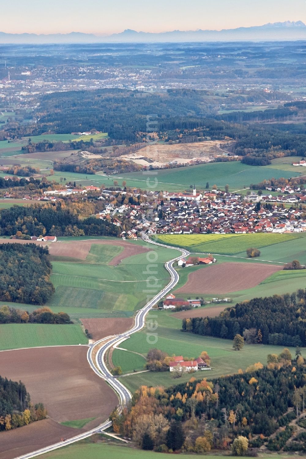 Weihmichl from above - Construction site for renewal and rehabilitation (full rehabilitation) of the road LA23 between the suburb Unterneuhausen and Furth near Landshut in the federal state of Bavaria, Germany. The confluence with the federal highway B299 was relocated before the beginning of the town