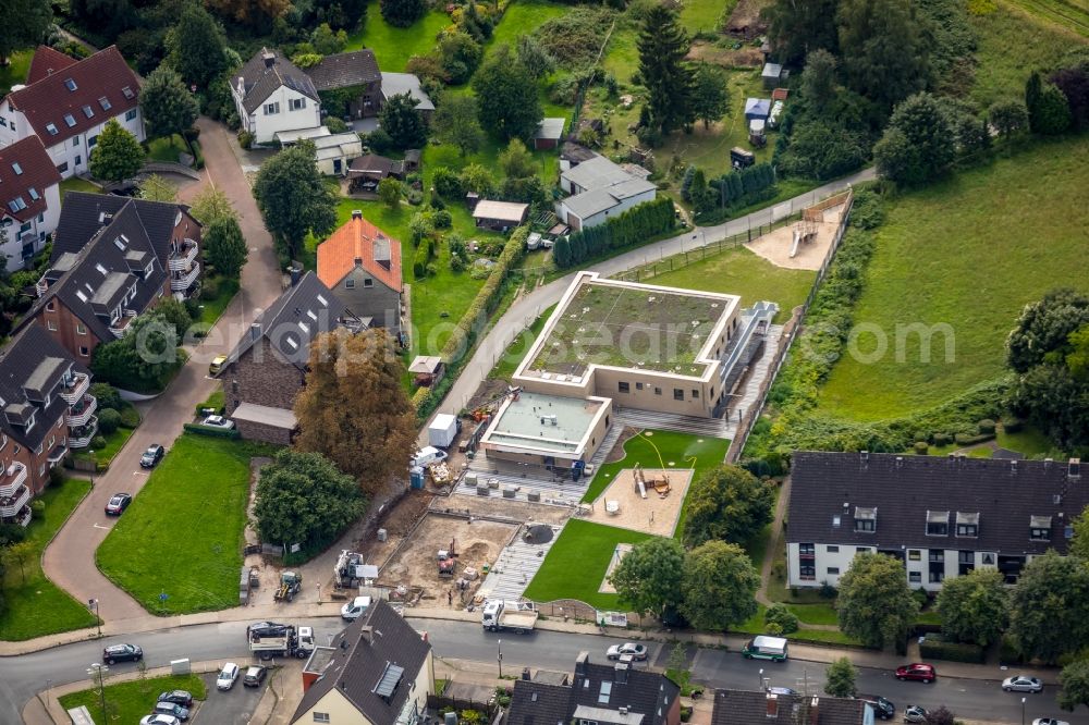 Aerial image Essen - New construction site for the construction of a kindergarten building and Nursery school and property, designed by the architecture firm Dratz & Dratz in Essen in the state North Rhine-Westphalia, Germany