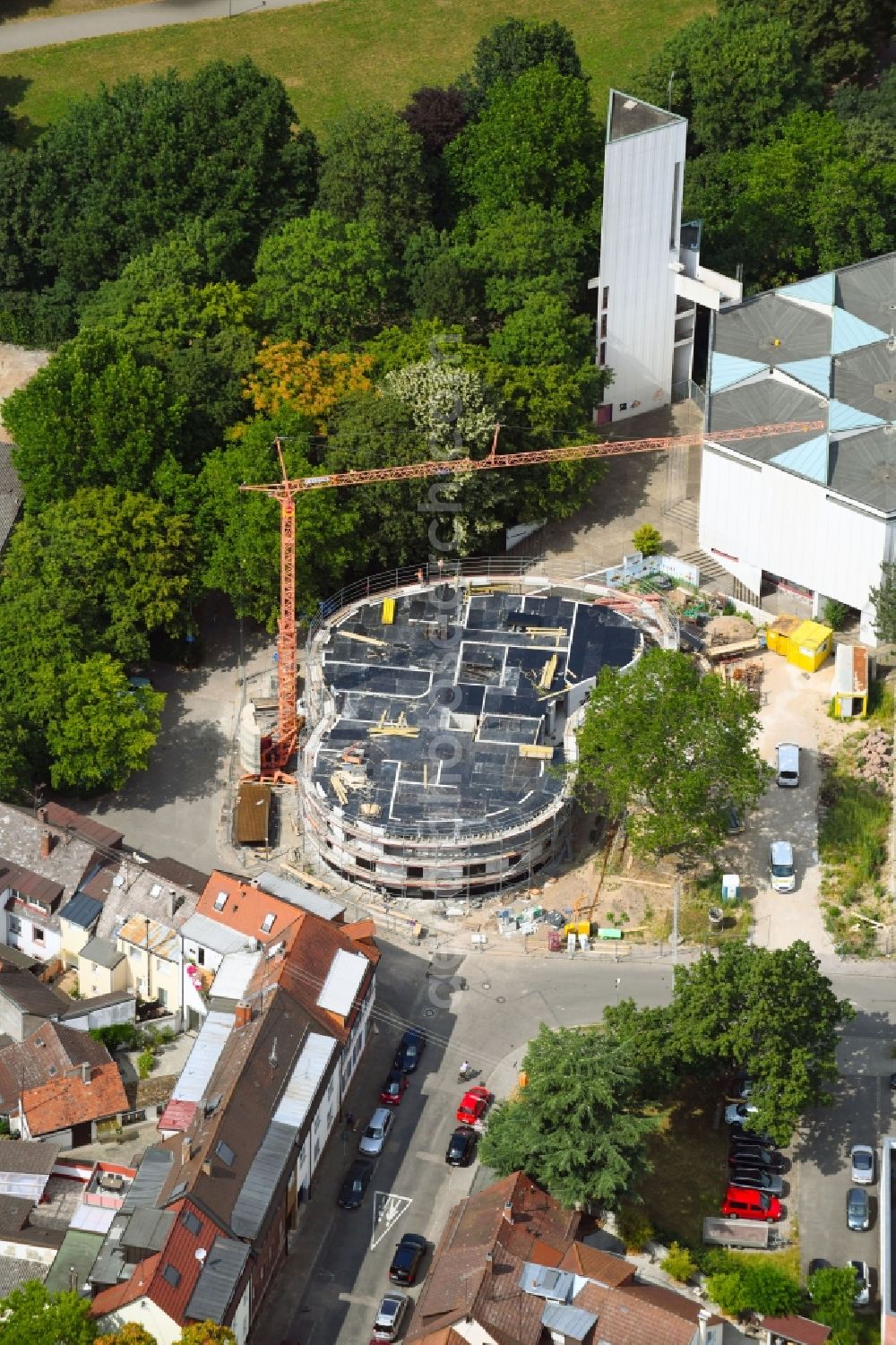 Aerial photograph Karlsruhe - New construction site for the construction of a kindergarten building and Nursery school Kindergarten St. Johannes on Ellmendinger Strasse in Karlsruhe in the state Baden-Wurttemberg, Germany