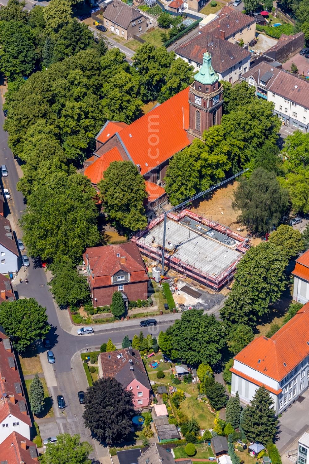 Aerial image Gelsenkirchen - New construction site for the construction of a kindergarten building and Nursery school on Sankt-Michael-Strasse in the district Hassel in Gelsenkirchen in the state North Rhine-Westphalia, Germany