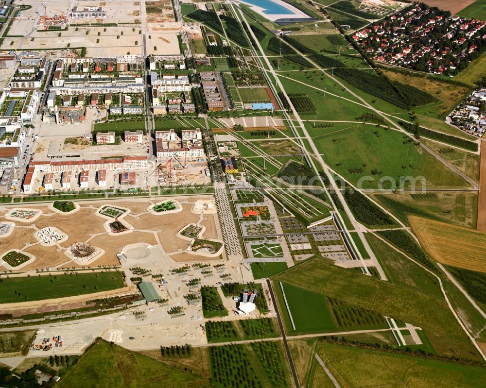 München from above - Building site for the construction and layout of a new park with paths and green areas in Munich in the state Bavaria, Germany