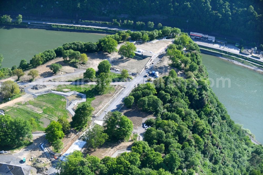 Aerial photograph St. Goarshausen - Building site for the construction and layout of a new park with paths and green areas in St. Goarshausen in the state Rhineland-Palatinate, Germany