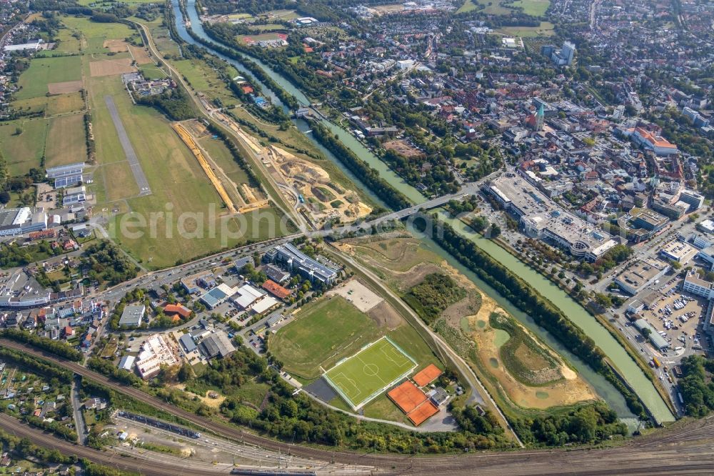 Aerial photograph Hamm - Building site for the construction and layout of a new park with paths and green areas of Erlebnisraum Lippeaue along the Lippe in Hamm in the state North Rhine-Westphalia, Germany