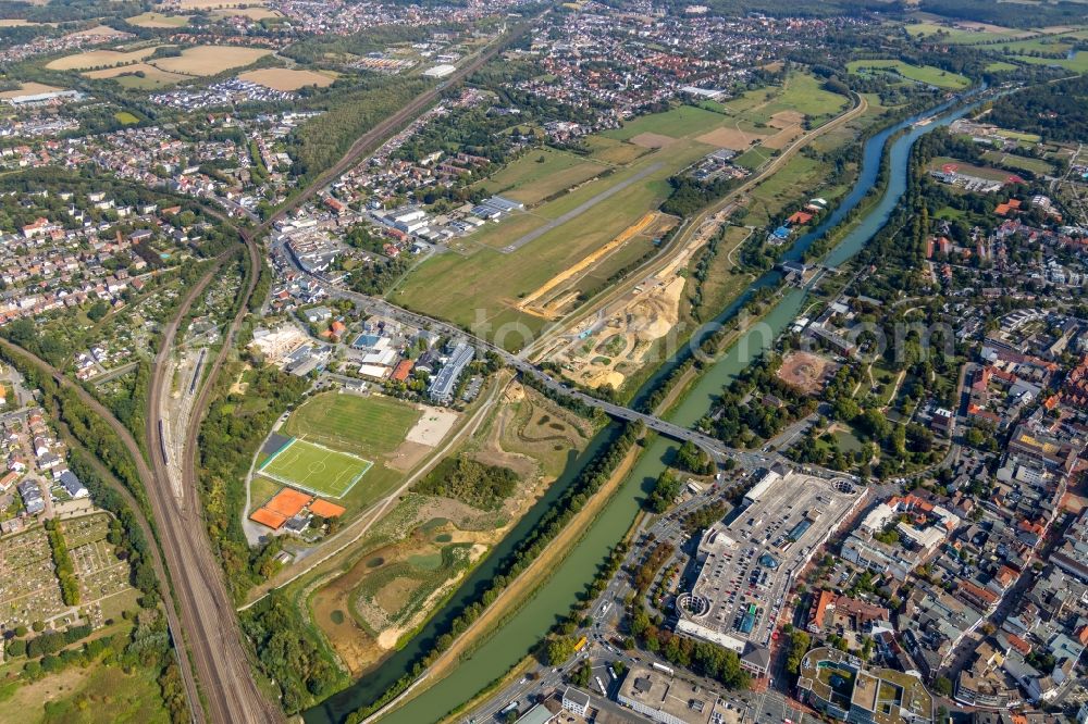 Aerial image Hamm - Building site for the construction and layout of a new park with paths and green areas of Erlebnisraum Lippeaue along the Lippe in Hamm in the state North Rhine-Westphalia, Germany