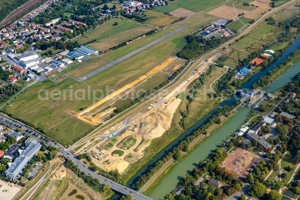 Aerial photograph Hamm - Building site for the construction and layout of a new park with paths and green areas of Erlebnisraum Lippeaue along the Lippe in Hamm in the state North Rhine-Westphalia, Germany