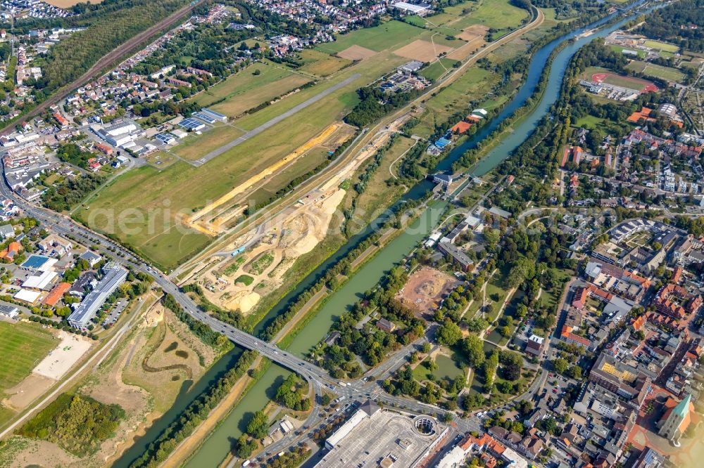 Hamm from above - Building site for the construction and layout of a new park with paths and green areas of Erlebnisraum Lippeaue along the Lippe in Hamm in the state North Rhine-Westphalia, Germany