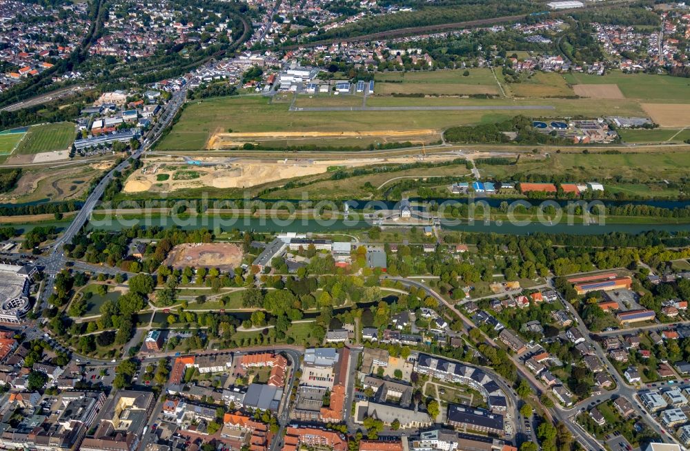 Hamm from the bird's eye view: Building site for the construction and layout of a new park with paths and green areas of Erlebnisraum Lippeaue along the Lippe in Hamm in the state North Rhine-Westphalia, Germany