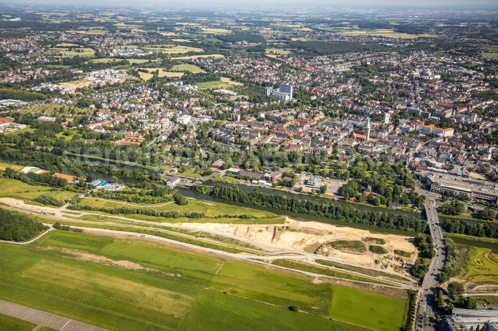 Hamm from above - Building site for the construction and layout of a new park with paths and green areas of Erlebnisraum Lippeaue along the Lippe in Hamm in the state North Rhine-Westphalia, Germany