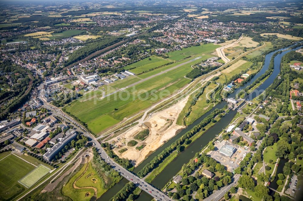 Aerial photograph Hamm - Building site for the construction and layout of a new park with paths and green areas of Erlebnisraum Lippeaue along the Lippe in Hamm in the state North Rhine-Westphalia, Germany