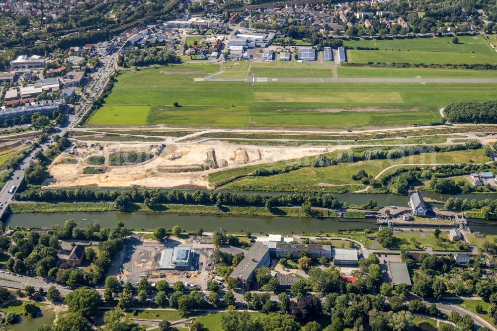 Aerial image Hamm - Building site for the construction and layout of a new park with paths and green areas of Erlebnisraum Lippeaue along the Lippe in Hamm in the state North Rhine-Westphalia, Germany