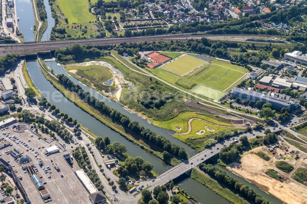 Aerial photograph Hamm - Building site for the construction and layout of a new park with paths and green areas of Erlebnisraum Lippeaue along the Lippe and the Datteln-Hamm-Kanal in Hamm in the state North Rhine-Westphalia, Germany