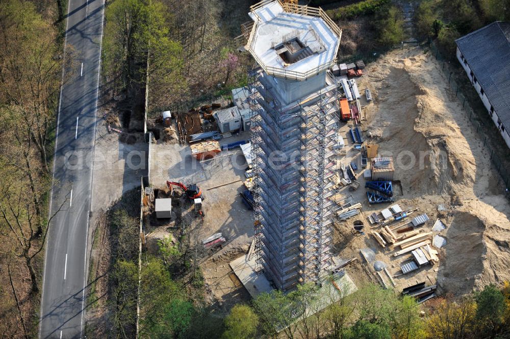 PRÖTZEL OT Heidekrug from above - Baustelle zur Errichtung eines Wetterradarturmes des DWD auf dem Gelände der ehemaligen Kaserne Heidekrug. Der durch die mib - märkische ingenieurbau gmbh errichtete Stahlbetonturm wurde eingerüstet durch die Frirma Schröter Gerüstbau. Construction site to build a weather radar tower of the DWD in the grounds of the former barracks Heidekrug.