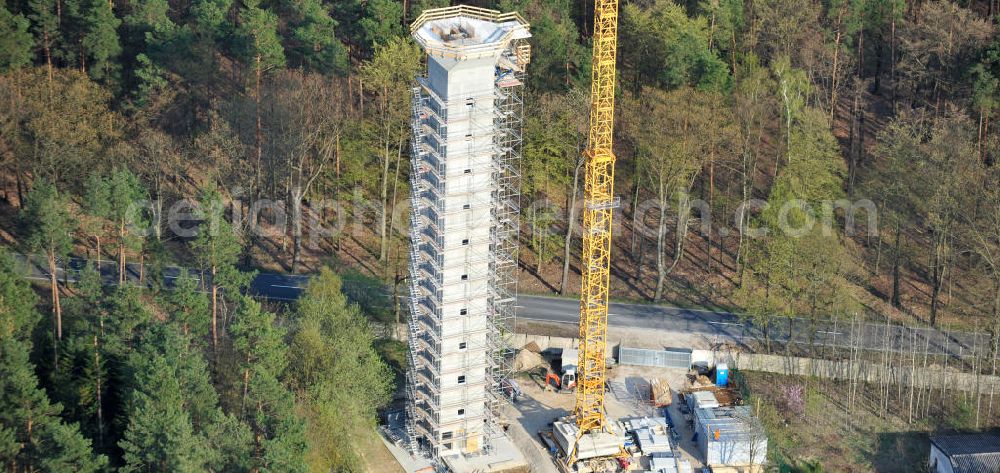 Aerial image PRÖTZEL OT Heidekrug - Baustelle zur Errichtung eines Wetterradarturmes des DWD auf dem Gelände der ehemaligen Kaserne Heidekrug. Der durch die mib - märkische ingenieurbau gmbh errichtete Stahlbetonturm wurde eingerüstet durch die Frirma Schröter Gerüstbau. Construction site to build a weather radar tower of the DWD in the grounds of the former barracks Heidekrug.