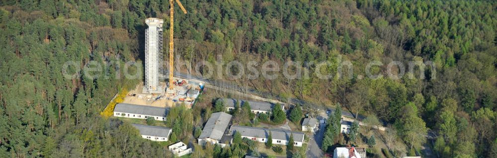 Aerial image PRÖTZEL OT Heidekrug - Baustelle zur Errichtung eines Wetterradarturmes des DWD auf dem Gelände der ehemaligen Kaserne Heidekrug. Der durch die mib - märkische ingenieurbau gmbh errichtete Stahlbetonturm wurde eingerüstet durch die Frirma Schröter Gerüstbau. Construction site to build a weather radar tower of the DWD in the grounds of the former barracks Heidekrug.