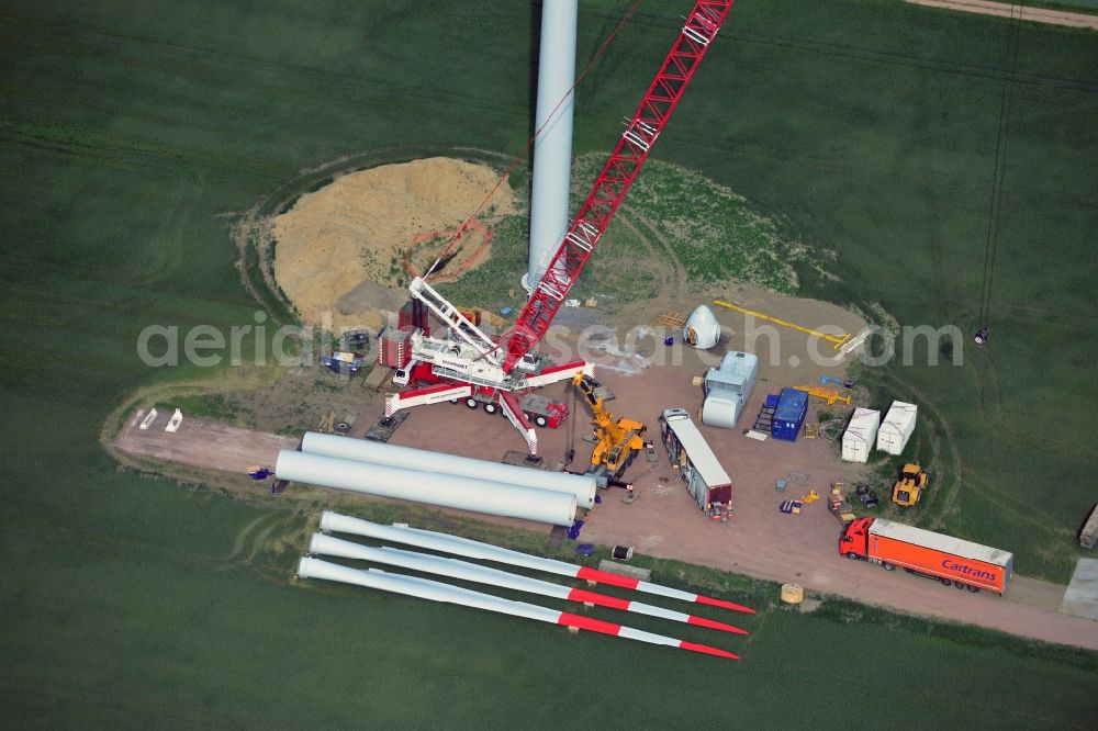 Breddin from above - Construction site to build a wind power station - wind turbine company Vestas of a car-crane Mammoet company on a field near Breddin in Brandenburg