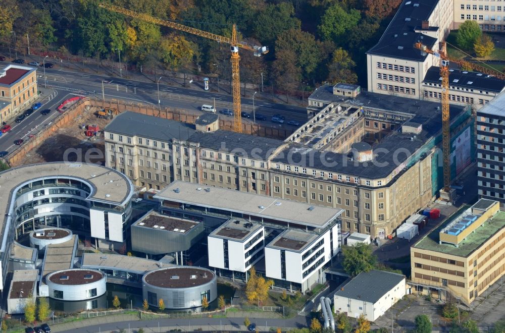 Aerial image Leipzig - Building site for the construction of residential house and commercial building LKG Carre CG German Wohnen GmbH in Leipzig in Saxony