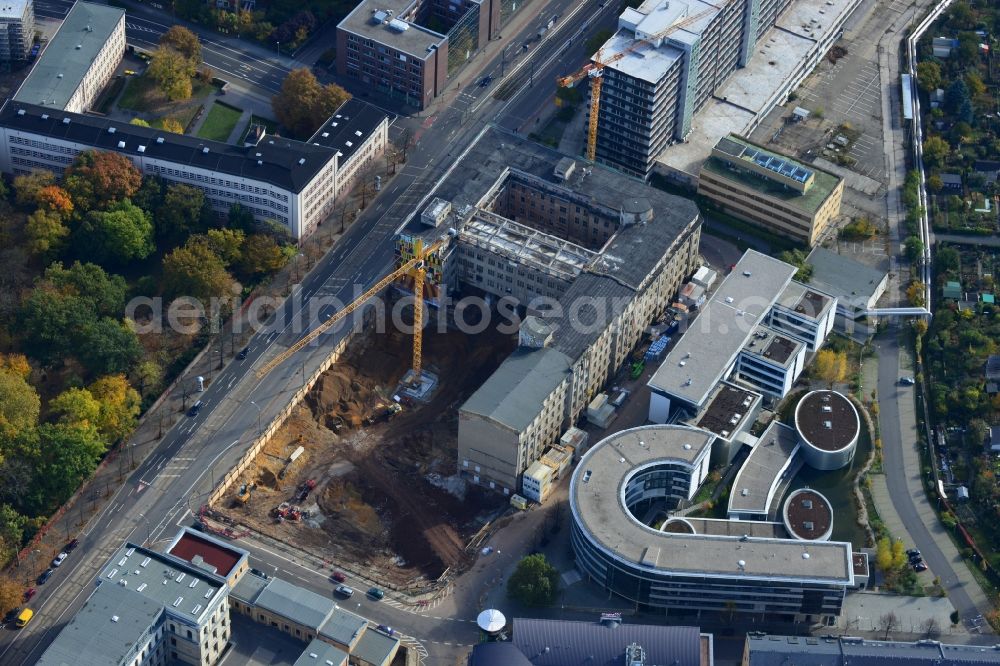 Leipzig from the bird's eye view: Building site for the construction of residential house and commercial building LKG Carre CG German Wohnen GmbH in Leipzig in Saxony