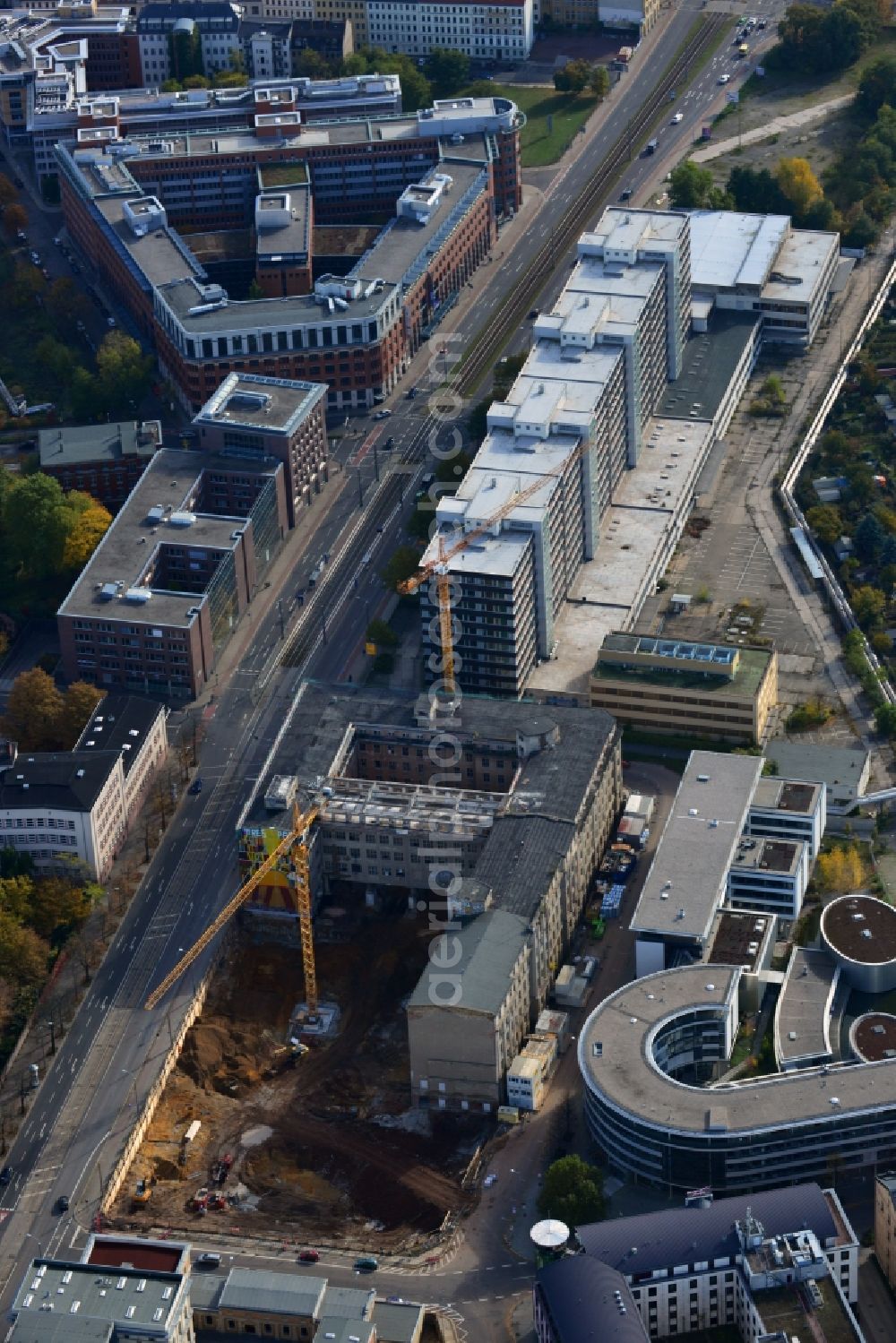 Aerial image Leipzig - Building site for the construction of residential house and commercial building LKG Carre CG German Wohnen GmbH in Leipzig in Saxony