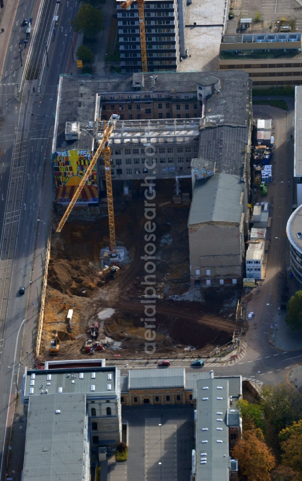 Aerial photograph Leipzig - Building site for the construction of residential house and commercial building LKG Carre CG German Wohnen GmbH in Leipzig in Saxony