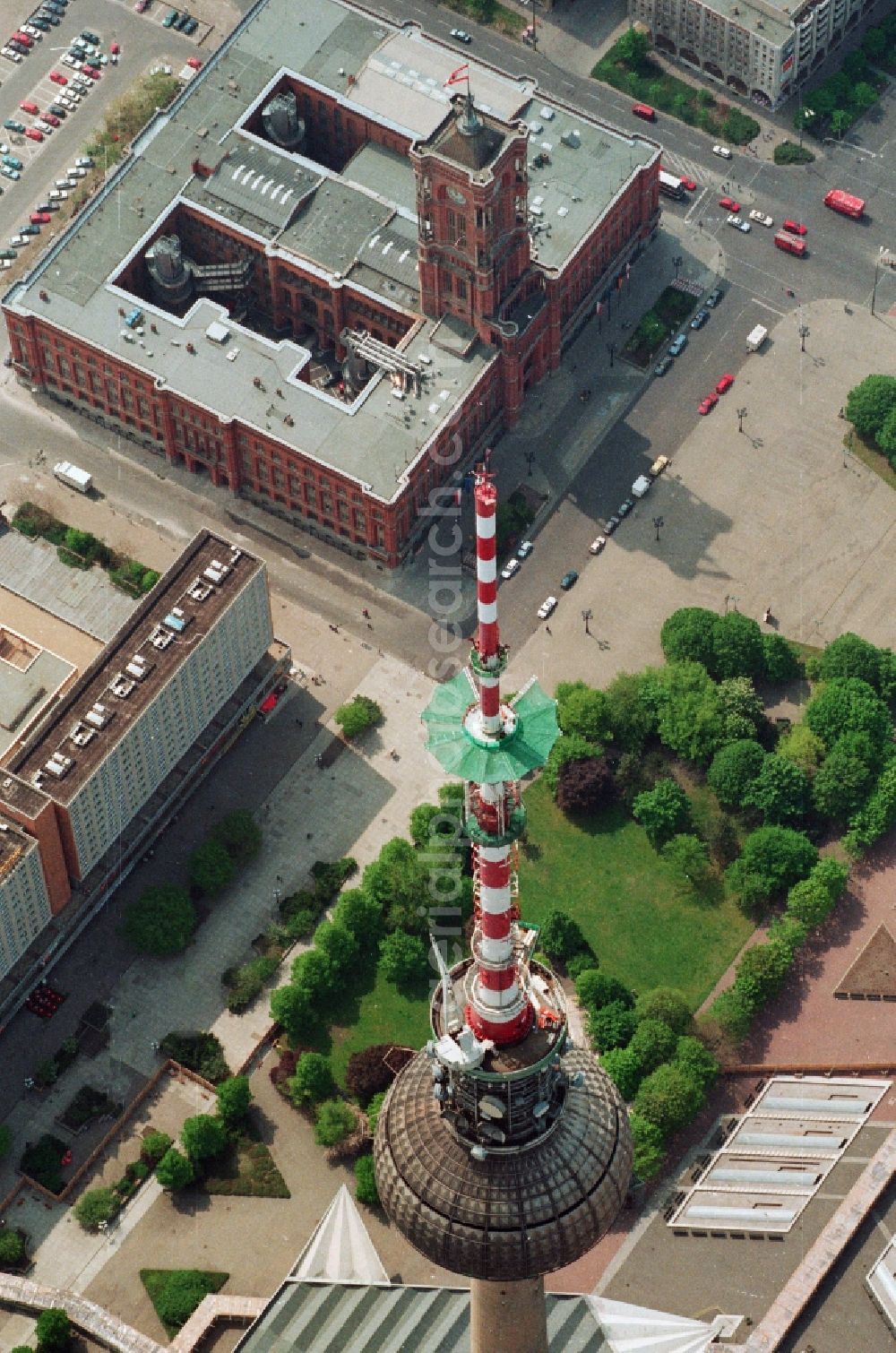 Aerial image Berlin Mitte - Construction site for the extension and increase of the antenna carrier-mast on the ball of the Berlin TV Tower in Berlin - Mitte