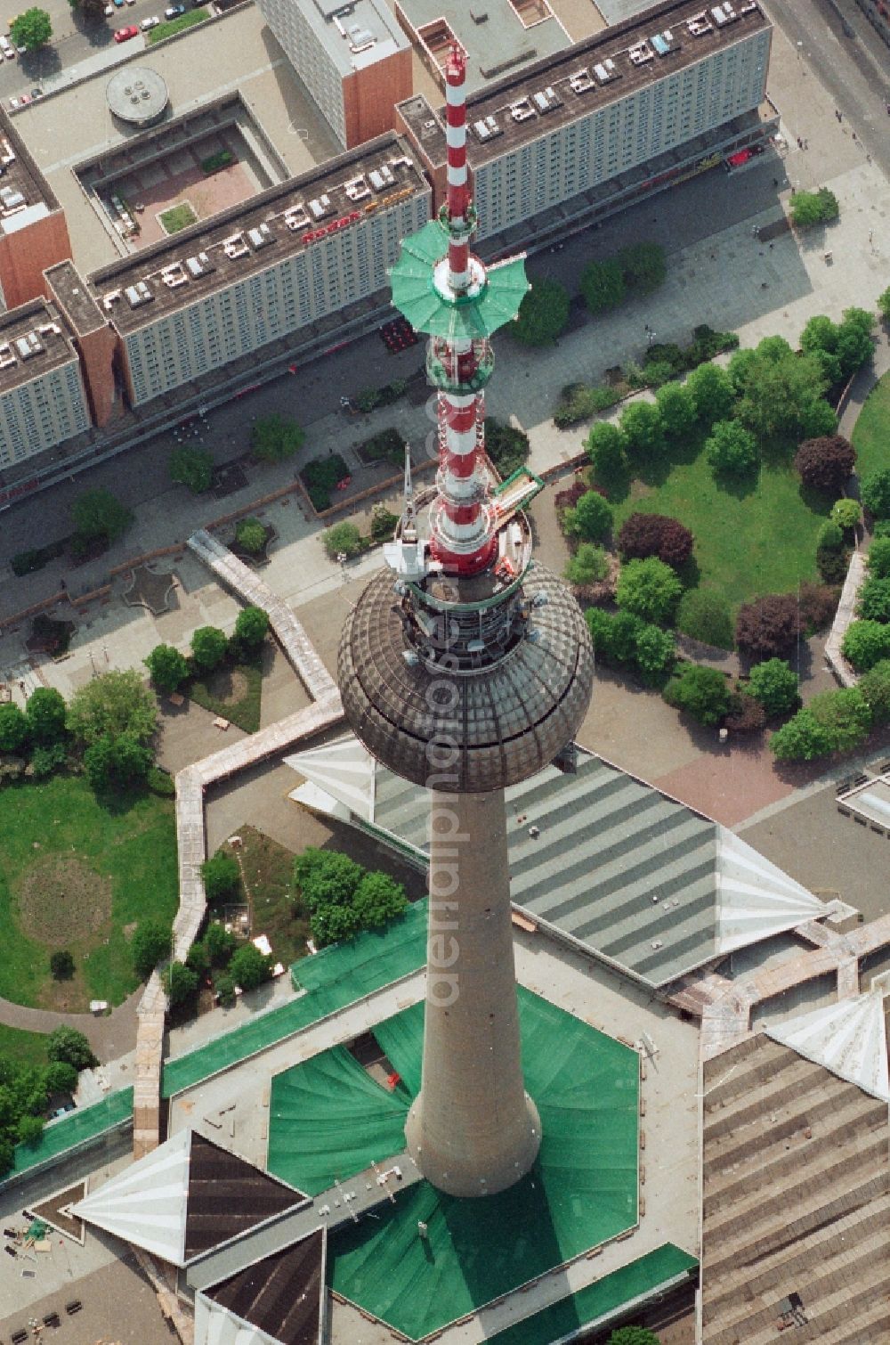 Berlin Mitte from above - Construction site for the extension and increase of the antenna carrier-mast on the ball of the Berlin TV Tower in Berlin - Mitte