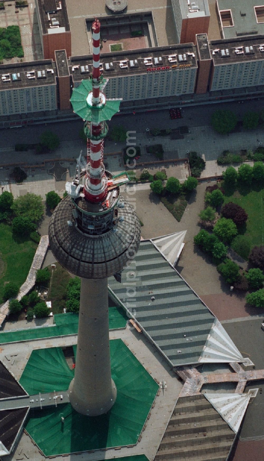 Berlin Mitte from the bird's eye view: Construction site for the extension and increase of the antenna carrier-mast on the ball of the Berlin TV Tower in Berlin - Mitte