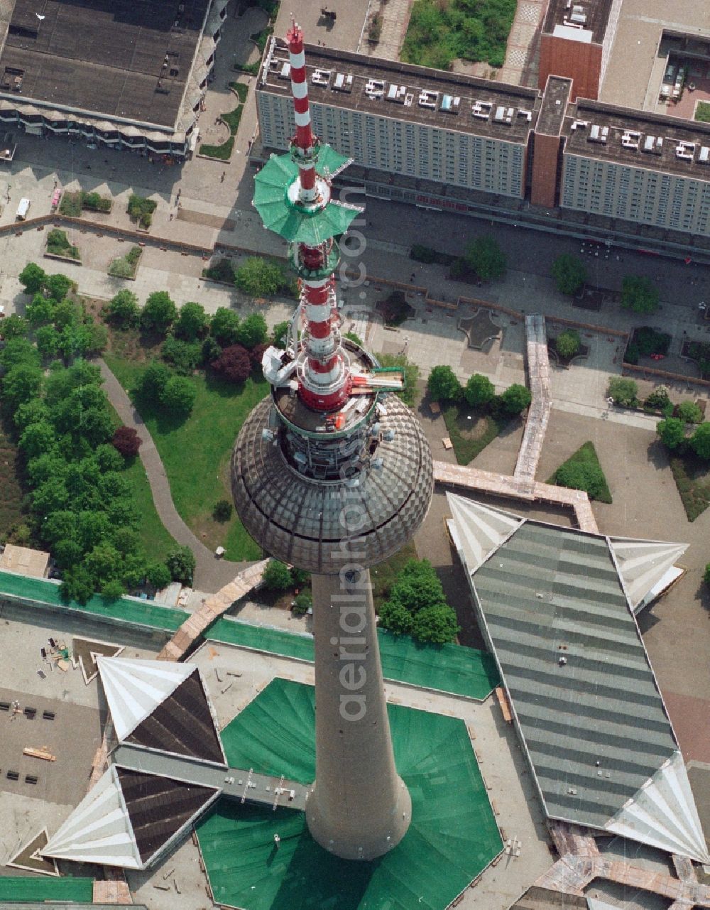 Aerial image Berlin Mitte - Construction site for the extension and increase of the antenna carrier-mast on the ball of the Berlin TV Tower in Berlin - Mitte